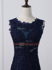Captivating Navy Blue Tulle Lace Up Scoop Sleeveless Floor Length Evening Dress Lace and Appliques