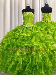 Sleeveless Floor Length Beading and Ruffles Lace Up Quinceanera Dress with Olive Green