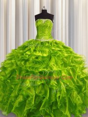 Sleeveless Floor Length Beading and Ruffles Lace Up Quinceanera Dress with Olive Green