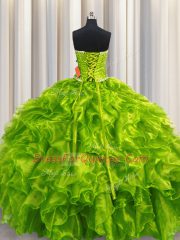 Sleeveless Floor Length Beading and Ruffles Lace Up Quinceanera Dress with Olive Green