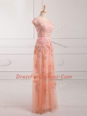 Peach Empire Lace and Appliques and Belt Prom Evening Gown Lace Up Tulle Cap Sleeves Floor Length