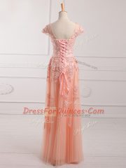 Peach Empire Lace and Appliques and Belt Prom Evening Gown Lace Up Tulle Cap Sleeves Floor Length