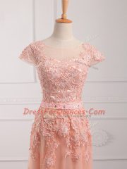 Peach Empire Lace and Appliques and Belt Prom Evening Gown Lace Up Tulle Cap Sleeves Floor Length