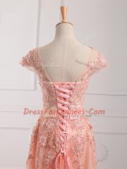 Peach Empire Lace and Appliques and Belt Prom Evening Gown Lace Up Tulle Cap Sleeves Floor Length