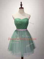 Artistic Green A-line Beading and Ruching Vestidos de Damas Lace Up Tulle Sleeveless Mini Length