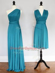 Fashion Floor Length Teal Quinceanera Court Dresses Chiffon Sleeveless Ruching