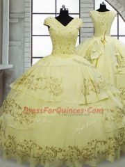 Light Yellow Satin and Chiffon Lace Up Vestidos de Quinceanera Cap Sleeves Brush Train Beading and Embroidery