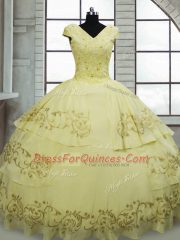 Light Yellow Satin and Chiffon Lace Up Vestidos de Quinceanera Cap Sleeves Brush Train Beading and Embroidery