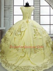 Light Yellow Satin and Chiffon Lace Up Vestidos de Quinceanera Cap Sleeves Brush Train Beading and Embroidery