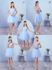 Blue Dama Dress for Quinceanera Prom and Party with Ruching Scoop Sleeveless Lace Up