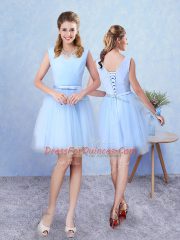 Blue Dama Dress for Quinceanera Prom and Party with Ruching Scoop Sleeveless Lace Up