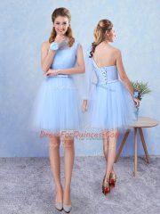 Blue Dama Dress for Quinceanera Prom and Party with Ruching Scoop Sleeveless Lace Up