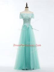 Apple Green Short Sleeves Lace and Appliques Floor Length Prom Evening Gown