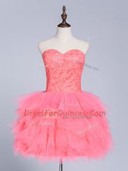 Attractive Watermelon Red Tulle Lace Up Prom Evening Gown Sleeveless Mini Length Lace and Appliques