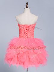 Attractive Watermelon Red Tulle Lace Up Prom Evening Gown Sleeveless Mini Length Lace and Appliques