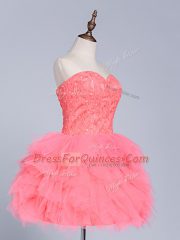 Attractive Watermelon Red Tulle Lace Up Prom Evening Gown Sleeveless Mini Length Lace and Appliques