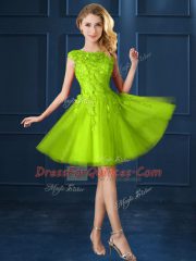 Sumptuous Yellow Green Bateau Lace Up Lace and Appliques Vestidos de Damas Cap Sleeves