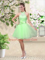 Glorious Sleeveless Tulle Knee Length Lace Up Quinceanera Court of Honor Dress in with Lace and Belt