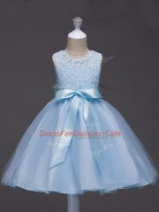 Tulle Scoop Sleeveless Zipper Lace and Belt Flower Girl Dresses for Less in Light Blue