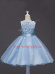 Tulle Scoop Sleeveless Zipper Lace and Belt Flower Girl Dresses for Less in Light Blue