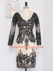 Charming Black V-neck Zipper Lace and Appliques Evening Dress Long Sleeves