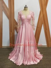 Baby Pink Empire Scoop Long Sleeves Elastic Woven Satin Backless Beading and Appliques Prom Evening Gown