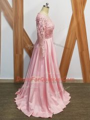 Baby Pink Empire Scoop Long Sleeves Elastic Woven Satin Backless Beading and Appliques Prom Evening Gown