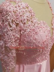 Baby Pink Empire Scoop Long Sleeves Elastic Woven Satin Backless Beading and Appliques Prom Evening Gown