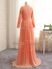 Orange Scoop Neckline Lace Prom Evening Gown Long Sleeves Zipper