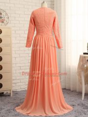 Orange Scoop Neckline Lace Prom Evening Gown Long Sleeves Zipper