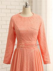 Orange Scoop Neckline Lace Prom Evening Gown Long Sleeves Zipper