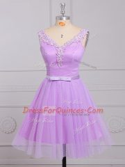 Luxurious Appliques and Belt Dama Dress Lilac Lace Up Sleeveless Mini Length