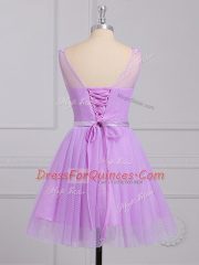 Luxurious Appliques and Belt Dama Dress Lilac Lace Up Sleeveless Mini Length