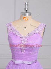Luxurious Appliques and Belt Dama Dress Lilac Lace Up Sleeveless Mini Length