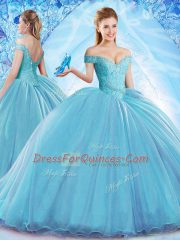 Dazzling Baby Blue Sleeveless Sweep Train Beading 15th Birthday Dress
