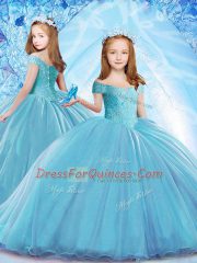 Dazzling Baby Blue Sleeveless Sweep Train Beading 15th Birthday Dress
