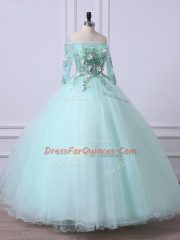 Noble Apple Green Off The Shoulder Lace Up Beading Vestidos de Quinceanera 3 4 Length Sleeve
