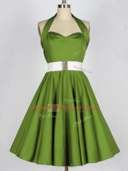 Knee Length Olive Green Quinceanera Court of Honor Dress Taffeta Sleeveless Belt