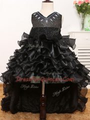 V-neck Sleeveless Organza Little Girls Pageant Dress Wholesale Beading and Ruffles and Bowknot Zipper