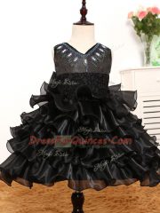 V-neck Sleeveless Organza Little Girls Pageant Dress Wholesale Beading and Ruffles and Bowknot Zipper