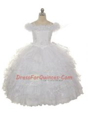 Floor Length White Flower Girl Dress Off The Shoulder Sleeveless Lace Up