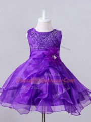 Sweet Purple Organza Zipper Little Girls Pageant Dress Wholesale Sleeveless Knee Length Beading and Hand Made Flower