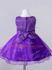 Sweet Purple Organza Zipper Little Girls Pageant Dress Wholesale Sleeveless Knee Length Beading and Hand Made Flower