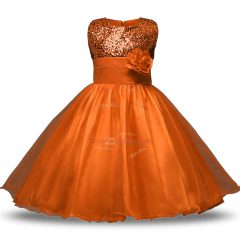 Sumptuous Knee Length Zipper Flower Girl Dresses Rust Red for Military Ball and Sweet 16 and Quinceanera with Belt and Hand Made Flower