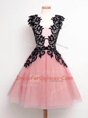 Sleeveless Tulle Knee Length Lace Up Dama Dress in Pink with Lace