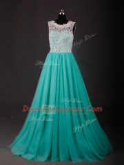 New Style Chiffon Sleeveless Prom Party Dress Sweep Train and Lace and Embroidery