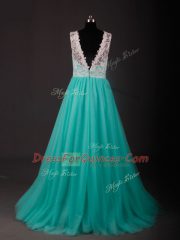 New Style Chiffon Sleeveless Prom Party Dress Sweep Train and Lace and Embroidery