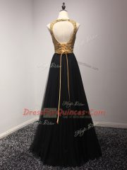 New Style Tulle Sleeveless Floor Length Dress for Prom and Beading and Lace and Appliques