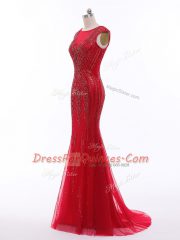 Romantic Red Scoop Zipper Beading Evening Dress Brush Train Sleeveless