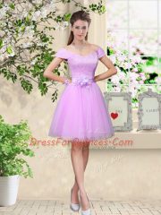 High Class Knee Length A-line Cap Sleeves Lilac Court Dresses for Sweet 16 Lace Up